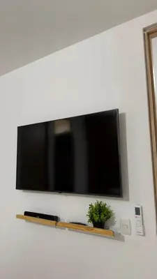 a flat screen tv on a wall with a plant at Apartamento acogedor y tranquilo cerca del mar in Cartagena de Indias