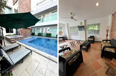 two pictures of a living room with a swimming pool at Vive el Lujo Caribeño - Mansión Premium con Piscina Privada y Vista al Mar in Santa Marta