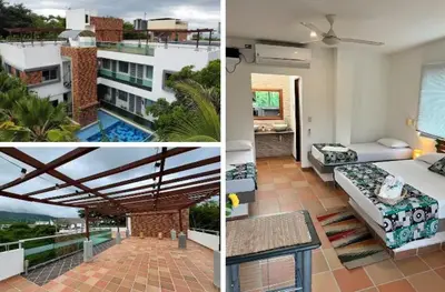 a collage of three pictures of a hotel room at Vive el Lujo Caribeño - Mansión Premium con Piscina Privada y Vista al Mar in Santa Marta