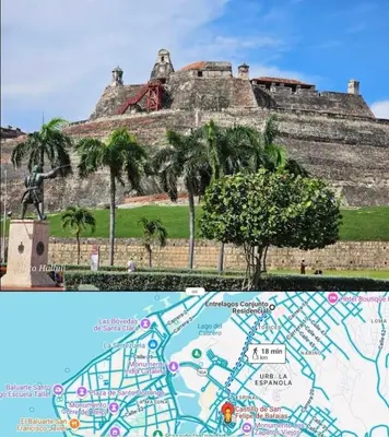 a map with a statue in front of a building at Apartamento para familias cerca de la playa y sitios turísticos in Cartagena de Indias