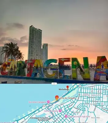 a view of a map with a city in the background at Apartamento para familias cerca de la playa y sitios turísticos in Cartagena de Indias