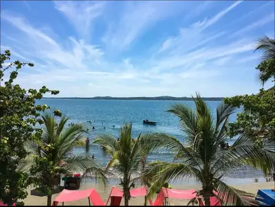 a beach with palm trees and people in the water at Vive Cartagena frente al mar y el lago in Cartagena de Indias