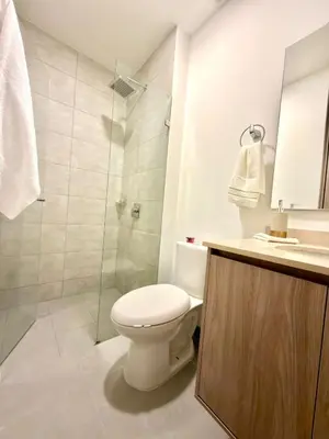 a white bathroom with a toilet and a shower at Modern Balcony Apartment with Sea View! in Santa Marta