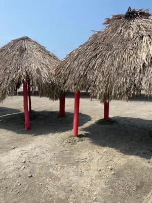 two large straw umbrellas on the beach at Apartaestudio Equipado a Menos de 100m de la Playa in Cartagena de Indias
