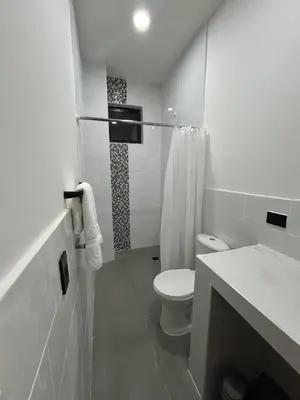 a white bathroom with a toilet and a sink at Hotel Portón de La Sabana in San Onofre