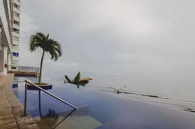 a swimming pool with a palm tree next to the ocean at Ocean View Loft Altamar in Cartagena de Indias