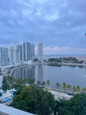 a large body of water with palm trees and buildings at Marea Laguito Apartamentos Cartagena in Cartagena de Indias