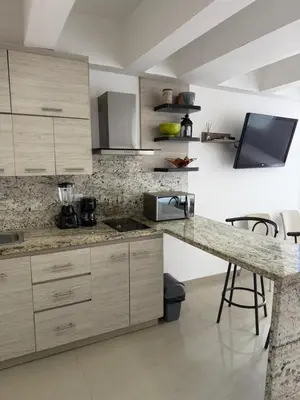a kitchen with wooden cabinets and a counter top at Lujoso Apartamento en Cartagena in Cartagena de Indias