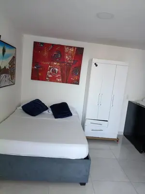 a bedroom with a bed with two pillows and a cabinet at Estudio piso 9 APTO 909 in Cartagena de Indias