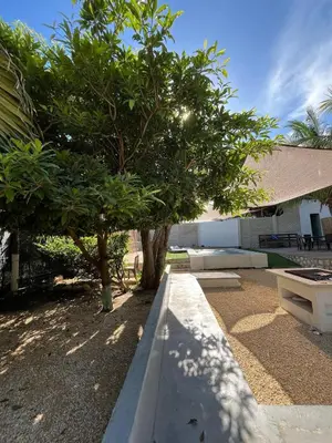a bench next to a tree and a building at House Las Palmas villa privada in Puerto Colombia