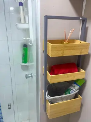 a bathroom with wooden drawers and a shower at Business Stay More30Days Fast WiFi Premium Comfort in Cartagena de Indias