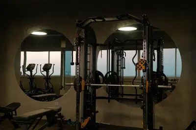 a gym with a large mirror and some exercise equipment at Loft Privado , Sunset y armonia in Santa Marta