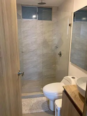 a bathroom with a shower with a toilet and a sink at Espectacular apartamento vista al centro y al Mar in Cartagena de Indias