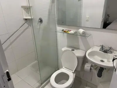 a bathroom with a shower and a toilet and a sink at Hotel Fegali Art Boutique in Cartagena de Indias