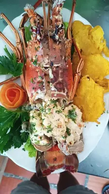 a plate of food with a lobster and potatoes at Manzanillo Beach in Cartagena de Indias