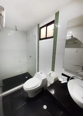 a bathroom with a toilet and a sink and a mirror at Hotel Plaza 43 in Barranquilla