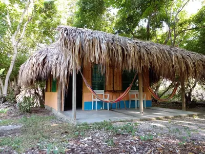 a hut with a thatched roof with a hammock outside at Ecohotel Arte y Aventura in Isla Grande