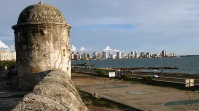 a view of a city skyline from a stone tower at Apartamento 1904 El Laguito in Cartagena de Indias