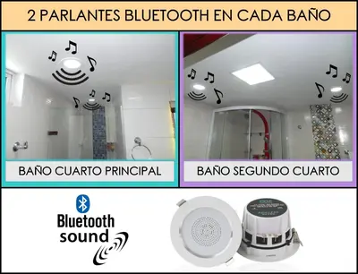 two pictures of a bathroom with music on the ceiling at Apartment Lux Bocagrande in Cartagena de Indias