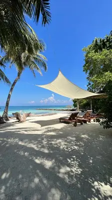 a beach with a tent and chairs and the ocean at Cabana SalSiPuedes in Tintipan Island