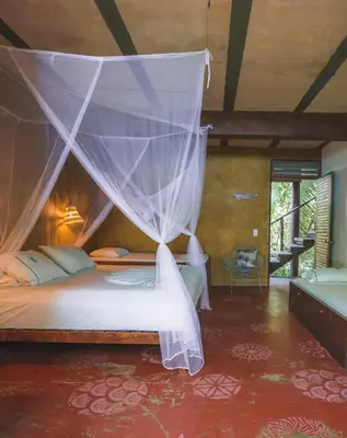 a bedroom with a bed with a mosquito net at Isla Fuerte Eco House in Isla Fuerte