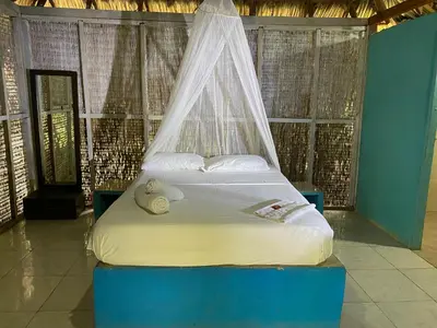 a bed with a canopy in a room with windows at Eco Hotel Las Palmeras in Isla Grande