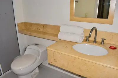 a bathroom with a toilet and a sink at Hotel Isla Capri in Cartagena de Indias