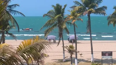 a beach with palm trees and a boat in the water at Apartamentos Las Múcuras in Coveñas