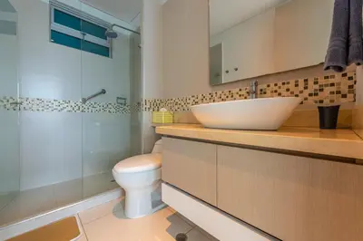 a bathroom with a sink and a toilet and a shower at Edificio Palmetto Beach Apto 1702 in Cartagena de Indias