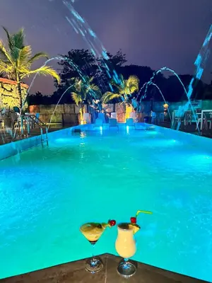 a swimming pool at night with two ducks in front at Hotel Camino Verde in Tolú