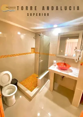 a bathroom with a shower and a sink and a toilet at Hotel Costa del Sol in Cartagena de Indias