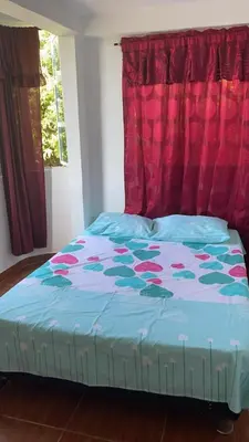 a bed in a room with a red curtain at Casa Vecchio in Cartagena de Indias
