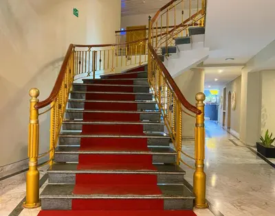 a stairway with a red carpet and a red rug at Hotel American Golf in Barranquilla