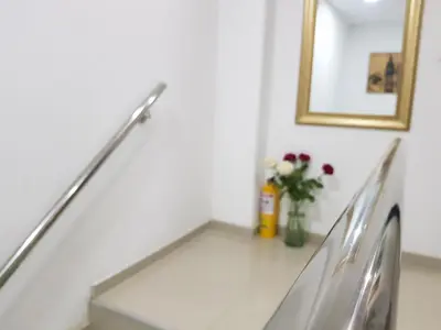 a set of stairs in a white room with flowers at Hotel Sun River in Barranquilla
