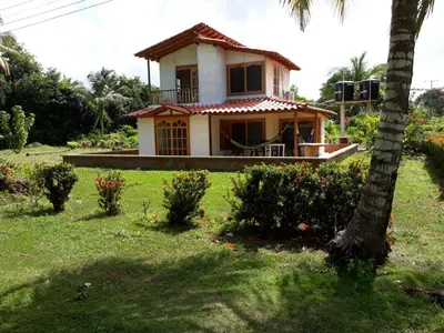 a small house in a yard with a palm tree at El palmar azul in San Bernardo del Viento