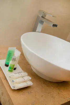 a bathroom with a white bowl sink on a counter at Hotel Virrey Cartagena in Cartagena de Indias