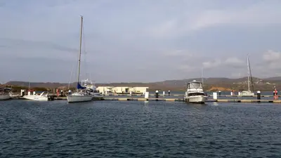 a group of boats are docked in a harbor at cabaña puerto velero in Puerto Caimán