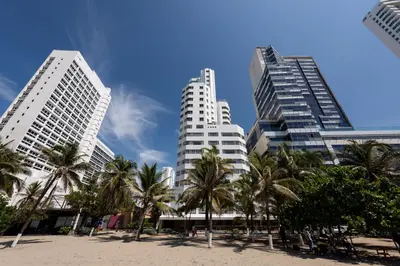 three tall buildings with palm trees in front of a beach at Hotel Regatta Cartagena in Cartagena de Indias