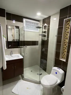 a bathroom with a shower and a toilet and a sink at Hotel Casa Colonial in Barranquilla