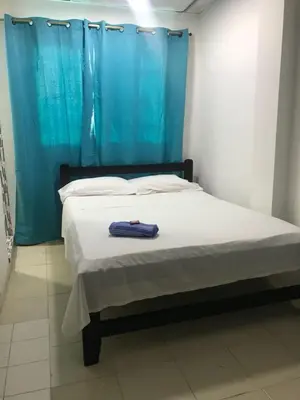 a bed in a room with a blue curtain at Hotel Paseo Bolivar in Cartagena de Indias