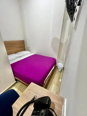 a small room with a purple bed and a phone at Hostal Lumar in Barranquilla