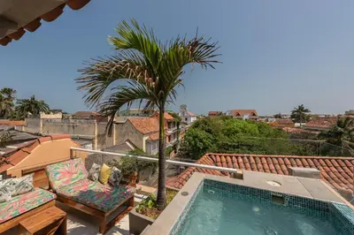 a swimming pool on the roof of a house with a palm tree at Townhouse Boutique Hotel in Cartagena de Indias