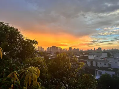 a view of a city skyline at sunset at La Terraza de Estella in Cartagena de Indias
