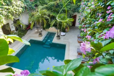 a swimming pool in a yard with chairs and flowers at Hotel Boutique Casa Del Arzobispado in Cartagena de Indias