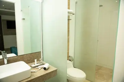 a bathroom with a toilet and a sink and a mirror at Hotel Barranquilla Plaza in Barranquilla