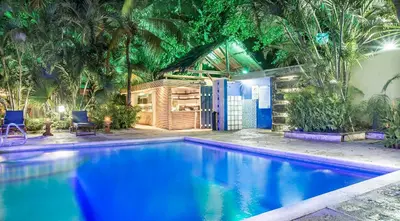 a blue swimming pool with two chairs and palm trees at Hotel Santorini Express y Cabañas in Santa Marta