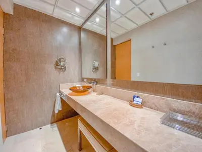 a bathroom with a sink and a large mirror at Hotel Dann Carlton Barranquilla y Centro de Convenciones in Barranquilla