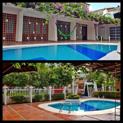 two pictures of a swimming pool in a building at Casa de playa en Bello Horizonte a una cuadra del mar in Santa Marta