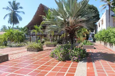 a resort with palm trees and flowers on a brick sidewalk at Hotel Dorado Plaza Punta Arena in Tierra Bomba