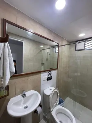 a bathroom with a toilet and a sink and a shower at Apartamento por temporadas en Bocagrande Cartagena in Cartagena de Indias